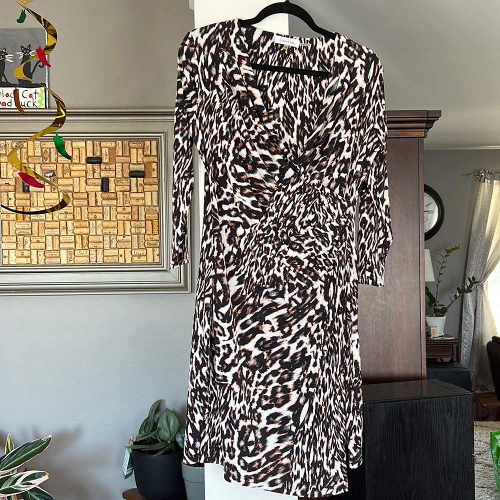 Calvin Klein L/S Animal Print Faux Wrap Dress